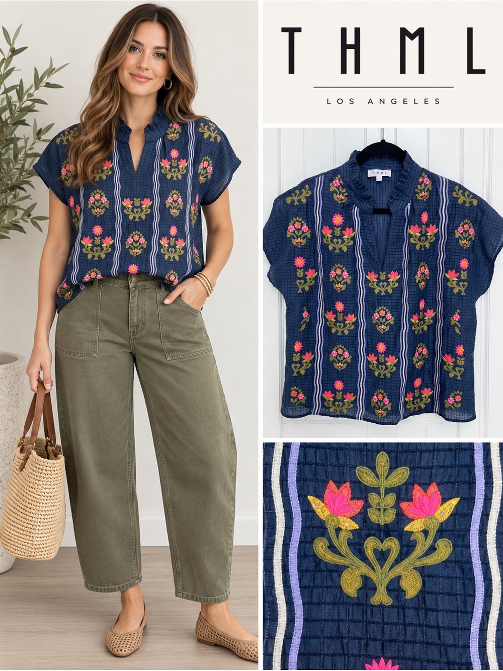 THML Navy Blue Embroidered Floral Top